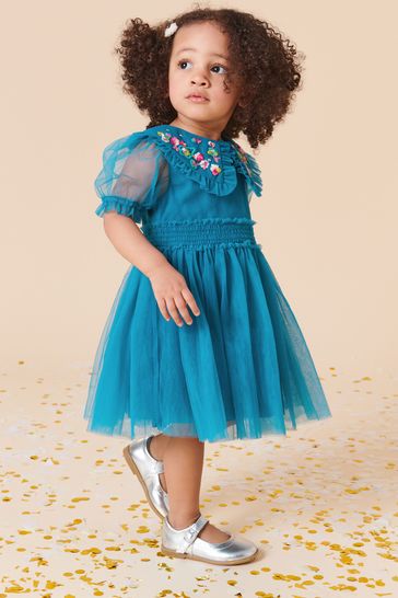 Buy Teal Blue Embellished Mesh Collar Dress 3mths 8yrs from Next Luxembourg