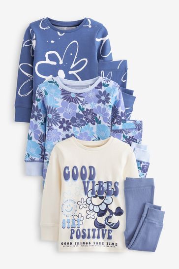 Blue/White Floral Pyjamas 3 Pack (9mths-16yrs)