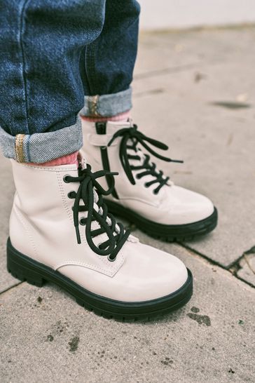 Bone White Patent Standard Fit (F) Warm Lined Lace-Up Boots
