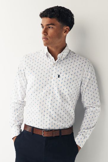White/Navy Blue Flamingo Regular Fit Easy Iron Button Down Oxford Shirt