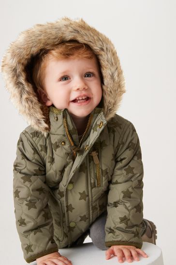 Khaki Green Star Print Quilted Jacket With Faux Fur Trim 9mths 7yrs