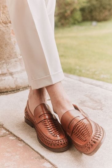 Tan Brown Leather Weave Trident Loafers
