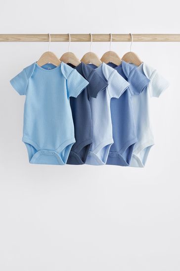 Blue Plain Rib Baby Bodysuits 5 Pack