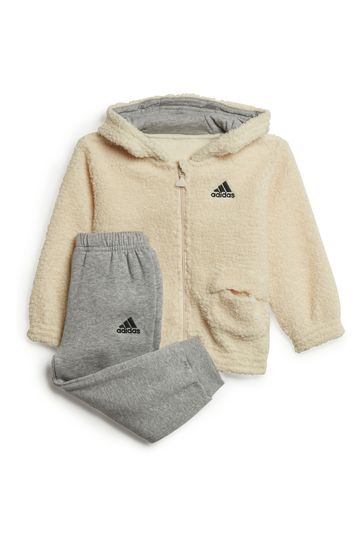 adidas White Hooded Teddy Fleece Joggers Set