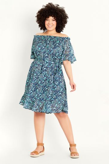 Buy Evans Blue Floral Bardot Dress from Next Luxembourg