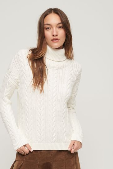 Superdry White Drop Shoulder Cable Roll Neck Jumper