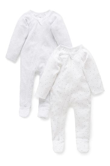 Purebaby White 2 Pack Zip Essentials Baby Sleepsuit