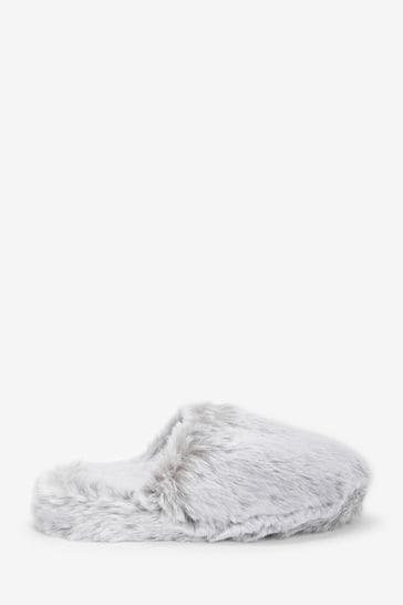 Grey Recycled Faux Fur Mule Slippers