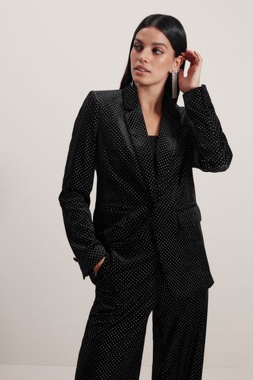 Buy Black Tailored Velvet Embellished Single Breasted Blazer from Next Netherlands