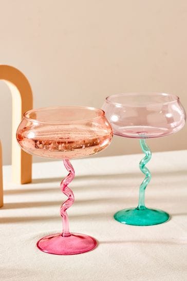 Set of 2 Pink Wiggle Stem Coupe Glasses