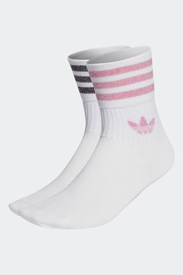 adidas Originals White/Pink Mid Cut Glitter Crew Socks 2 Pairs