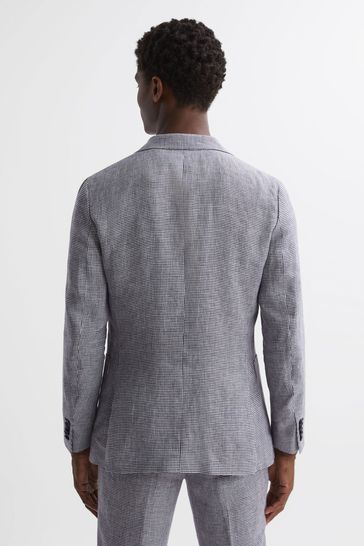 Buy Reiss Navy Squad Linen Single Breasted Dogtooth Blazer from