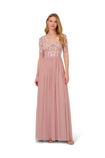 Adrianna Papell Pink Studio Beaded Mesh Covered Gown