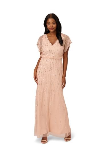 Short Sleeve Beaded Blouson Gown Aurora Pink | Adrianna Papell Womens Long  Dresses - Taryn Gillen