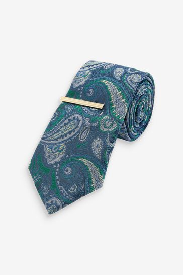 Blue/Green Paisley Regular Tie With Tie Clip