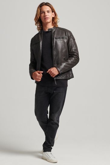 Superdry grey leather jacket outlet