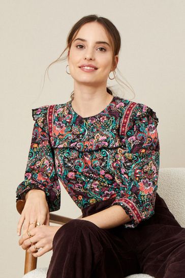 Monsoon Black Embroidered Patch Print Top