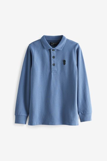 Blue Long Sleeve Pique Polo Shirt (3-16yrs)