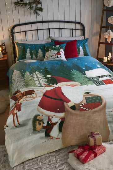 Grey/Blue Christmas Santa Scene Duvet Cover and Pillowcase Set