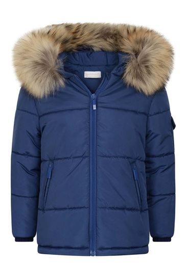 Boys Coat With Faux Fur Trim in Blue