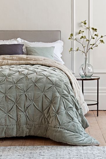 Cox & Cox Green Velvet and Linen Kingsize Bedspread