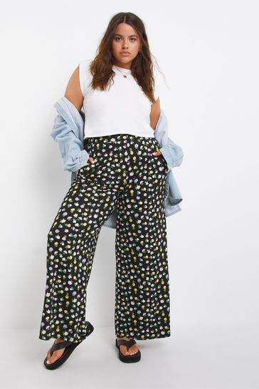 Simply Be Black Print Supersoft Wide Leg Trousers