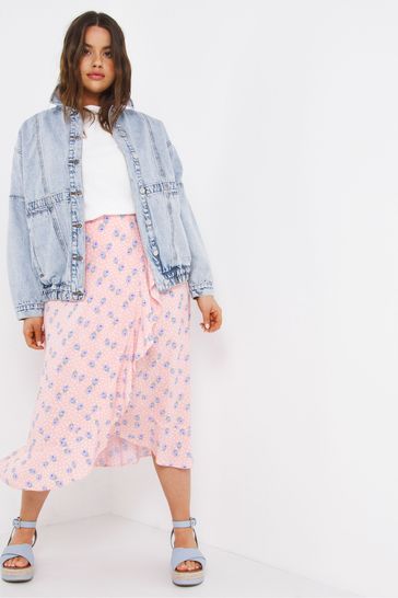 Simply Be Pink Ditsy Print Frill Wrap Skirt