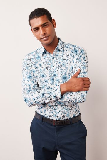 White/Blue Floral Regular Fit Single Cuff Printed Trimmed Shirt