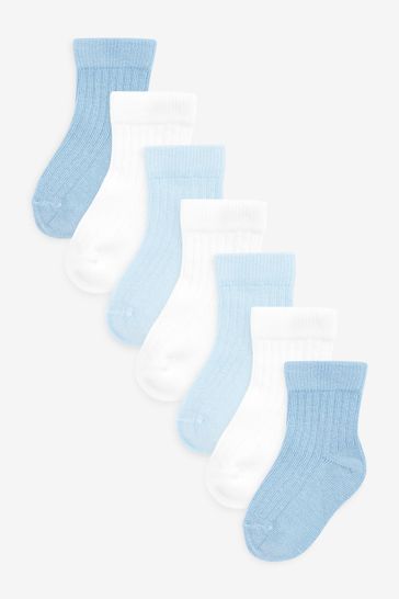 White/Blue 7 Pack Baby Socks (0mths-2yrs)