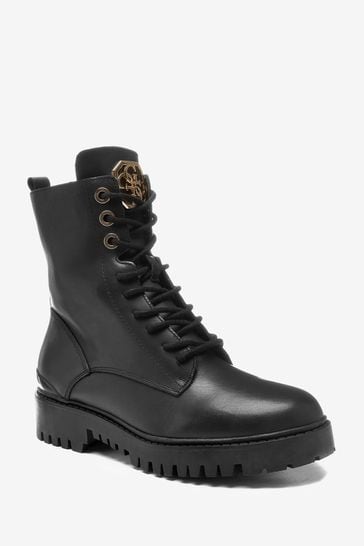 Guess Olone Black Leather Logo Lace Boots