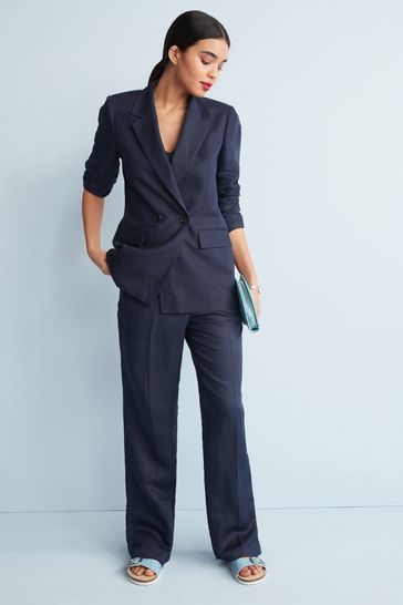 Navy Blue Tailored Linen Blend Slouchy Wide Leg Trousers