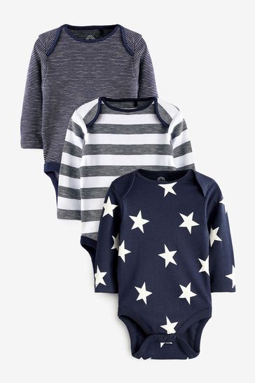 Navy Blue Star 3 Pack Long Sleeve Baby Bodysuits