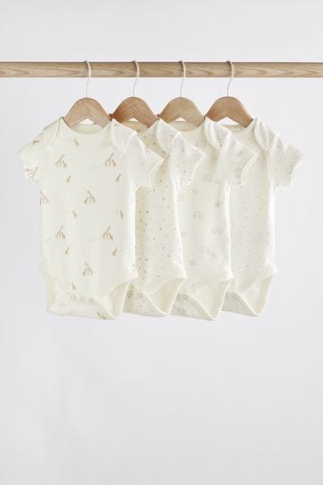 Delicate White 4 Pack Baby Printed Short Sleeve Bodysuits