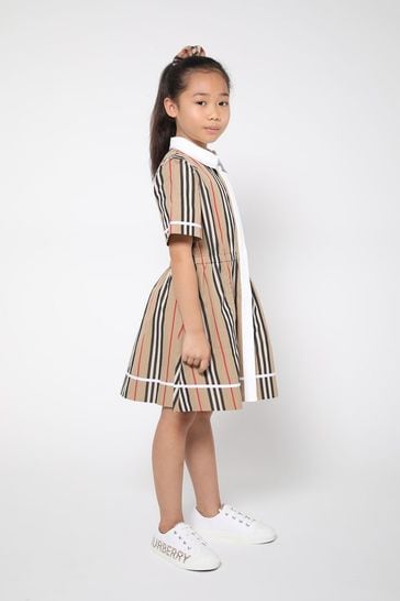 Girls Short Sleeve Icon Print Dress In Beige