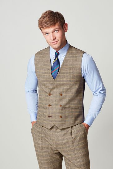 Taupe Brown Check Suit: Waistcoat