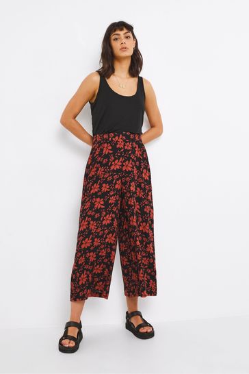 JD Williams Red Floral Print Crinkle Wide Leg Trousers