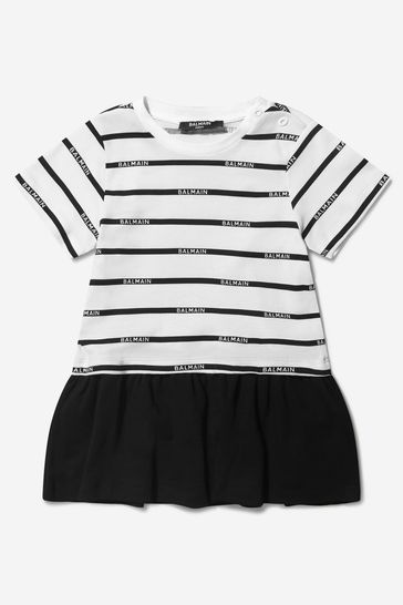 Baby Girls White Cotton Striped Logo Dress