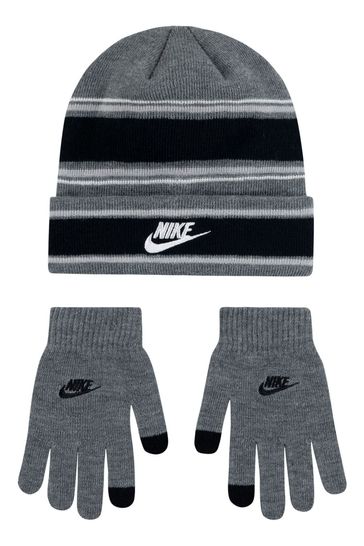 Nike Grey Kids Multi Stripe Beanie Hat and Gloves Set