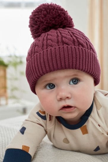Plum Purple Knitted Baby Pom Hat (0mths-2yrs)