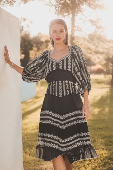 Black Textured Print Volume Sleeve Midi Dress