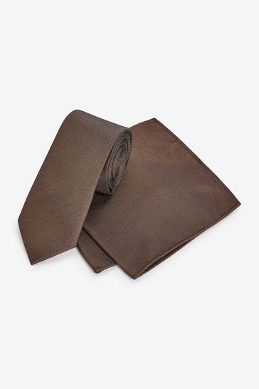 Bronze Brown Metallic Thread Slim Party Tie And Pocket Square Set
