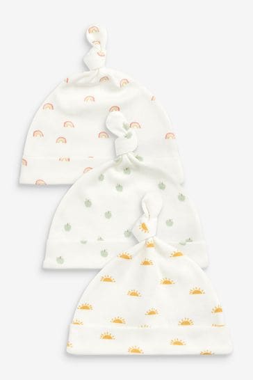 Cream Rainbow Print 3 Pack Baby Tie Top Hats (0-12mths)