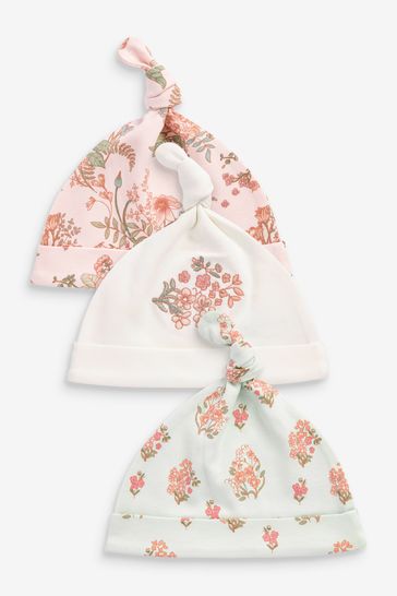 Pink/White Floral Baby 3 Pack Tie Top Hats (0-18mths)