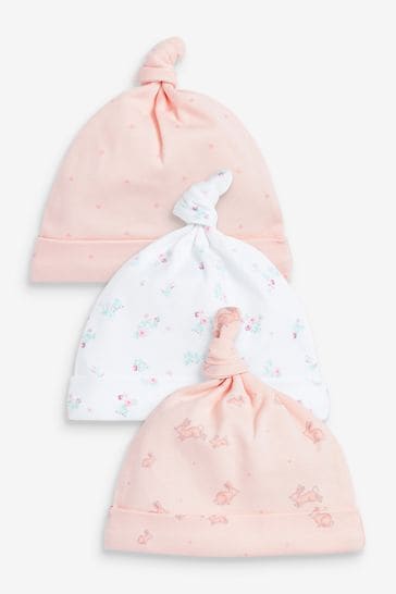 Pale Pink Floral Baby 3 Pack Tie Top Hats (0-18mths)