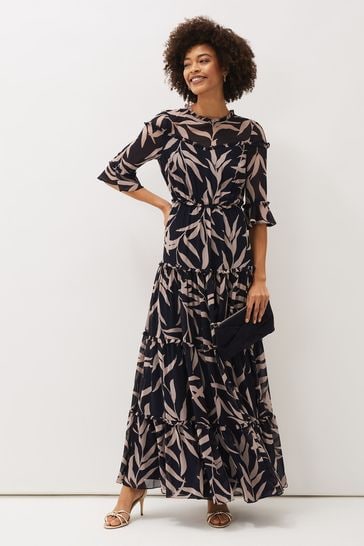 Buy Phase Eight Blue Amber Leaf Print Tiered Maxi Dress from Next