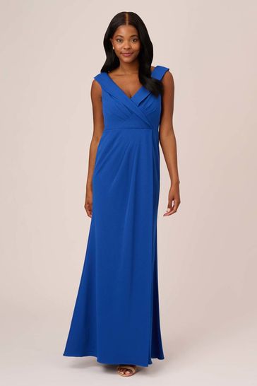 Adrianna Papell Blue Crepe Draped Collared Gown