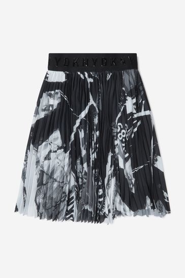 Girls Pleated Collage Print Skirt in Black
