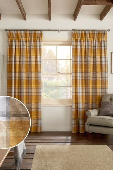 Ochre Yellow Marlow Check Pencil Pleat Lined Pencil Pleat Curtains
