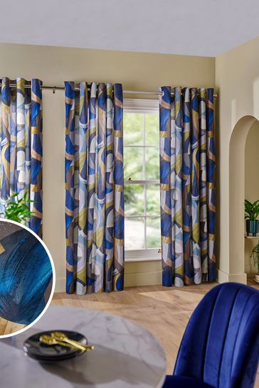 Blue Abstract Geometric Eyelet Eyelet Curtains