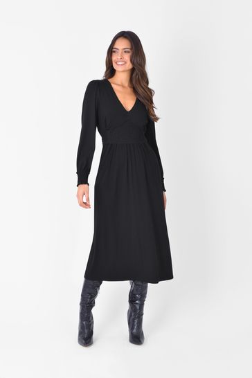 Ro&Zo Jersey Shirred Waist Midi Black Dress